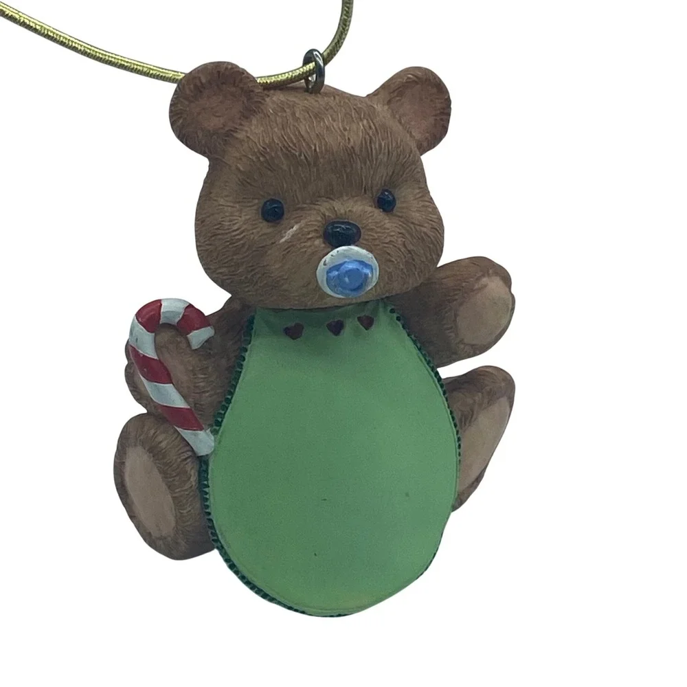 Vintage 1995 Hallmark‎ Baby Bear Ornament Green Bib Candy Cane Pacifier Resin